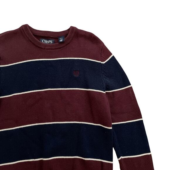 y2k Vintage Chaps Burgundy Navy Blue Striped Chunky Knit Cotton Sweater Small - Picture 2 of 4